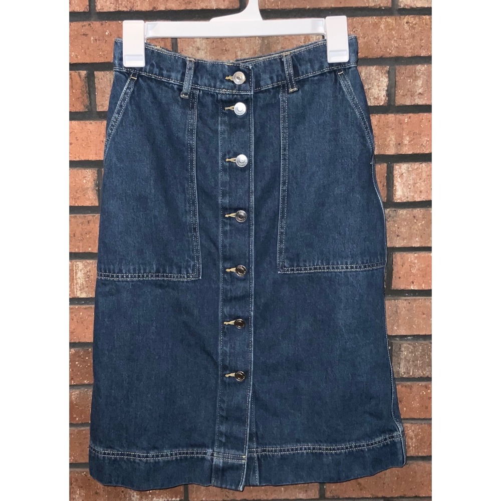 Free Assembly Womens Dark Wash Denim Button Front Midi Skirt Size 2